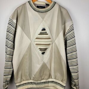 Vintage Saxony Striped Knit Leather Patchwork Sweater Large Ivory Tan